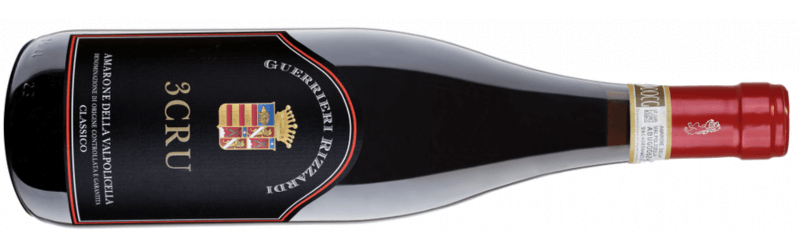 Bottle of Rizzardi 3 Cru Amarone wine on its side