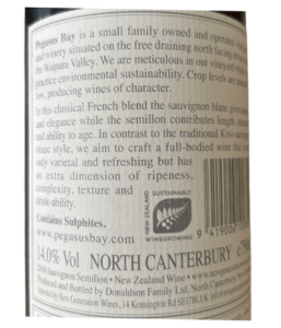 Back label of a bottle of Pegasus Bay Sauvignon Blanc displaying North Canterbury geographical indication